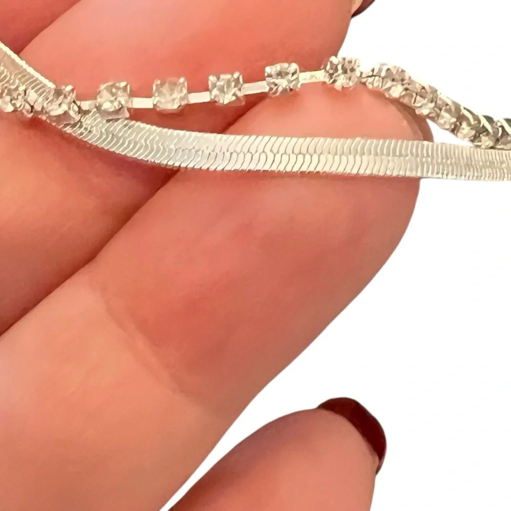 Claire's Silver And Rhinestone Necklaces -2- Snake Style And Square‎ Rhinestones